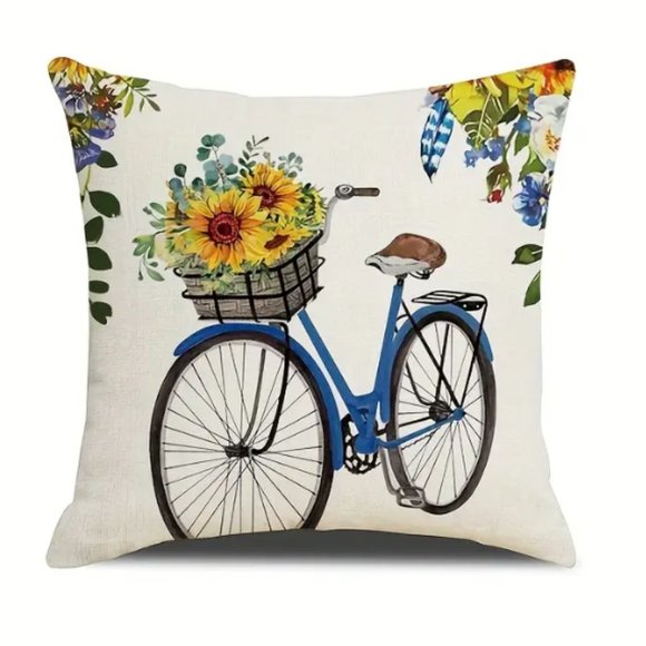 NEW FARMHOUSE FLORAL SUNFLOWER VINTAGE BICYCLE LINEN BLEND PILLOW COVER 17.7" - Picture 1 of 3